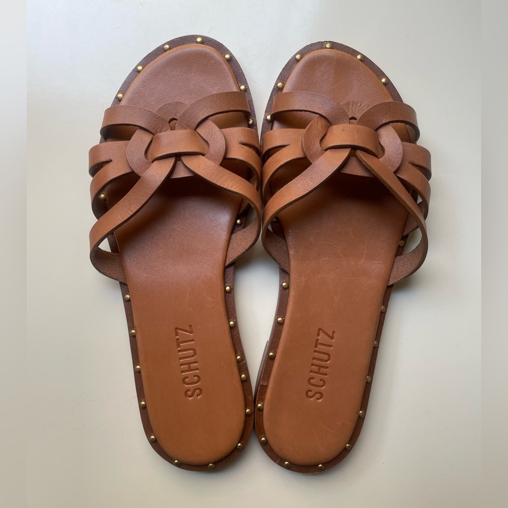 SCHUTZ Studded Flat Leather Sandals
